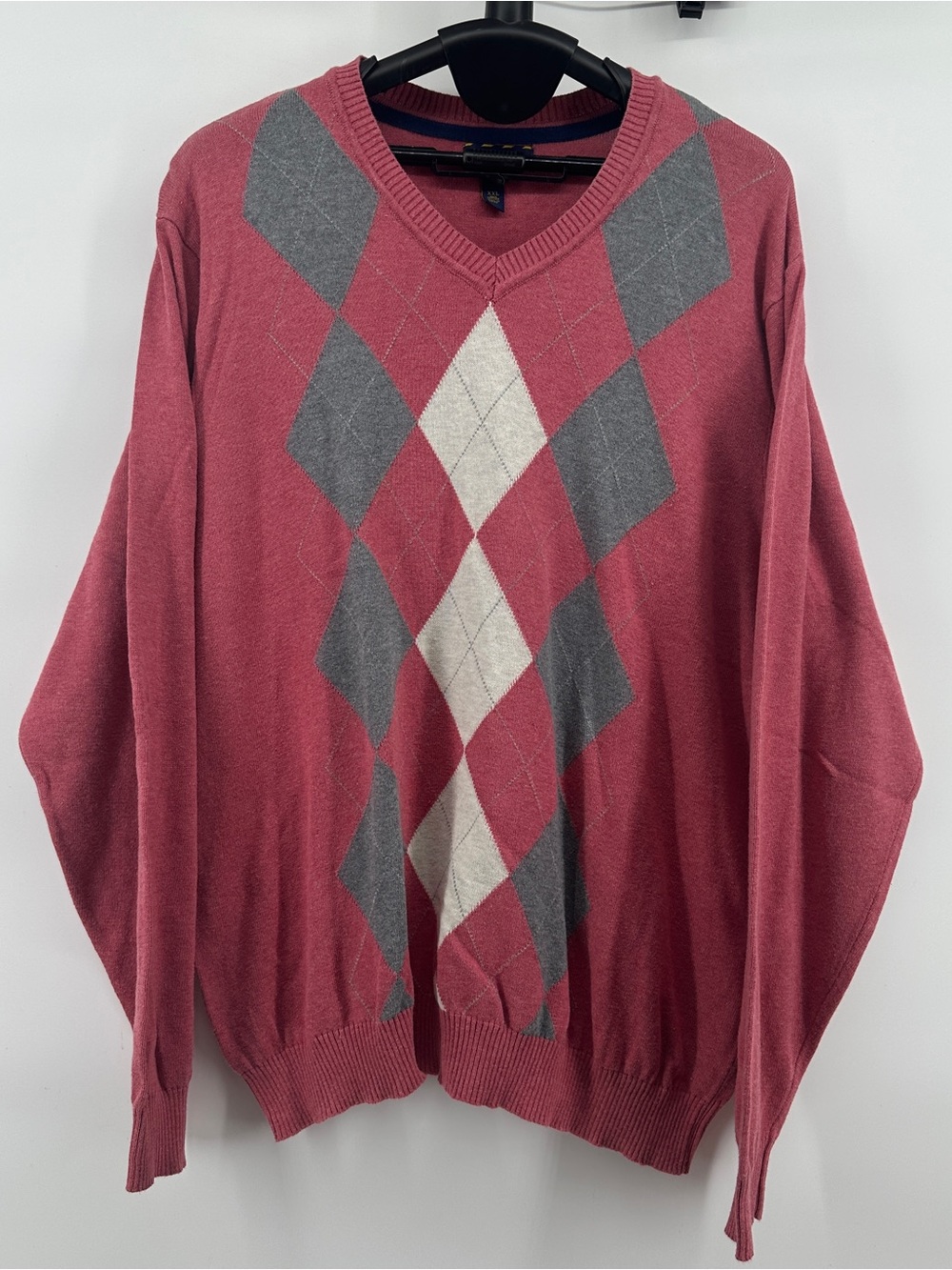 Club Room Men’s XXL Pink Gray Argyle V-Neck Sweater Preppy Pullover